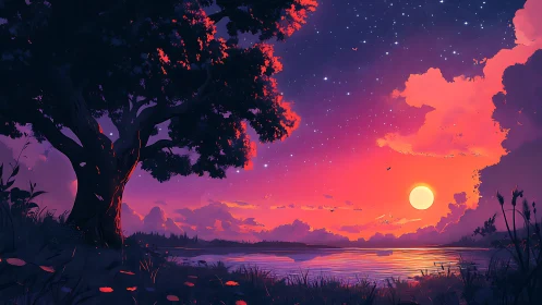 Radiant sunset sky glows over tranquil lakeside tree scene.