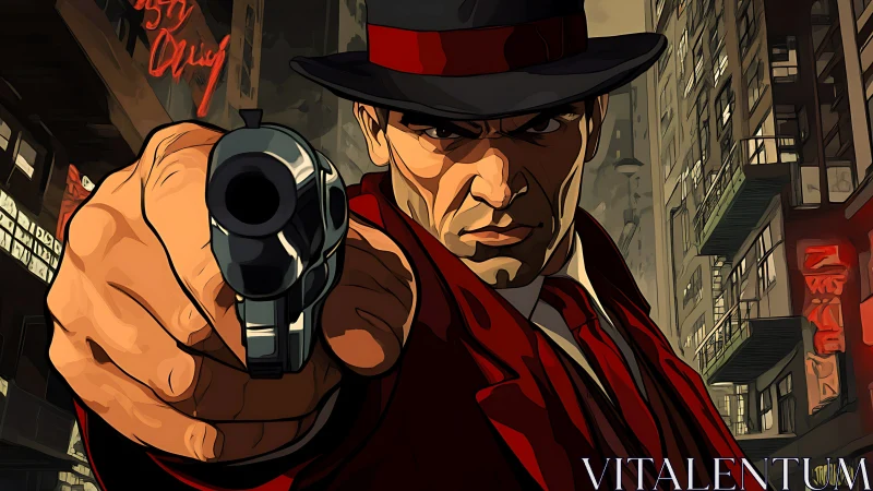 Noir gunman in red trench coat rendered with bold cel shading