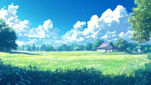 Sunlit meadow hush around a sleepy countryside home.