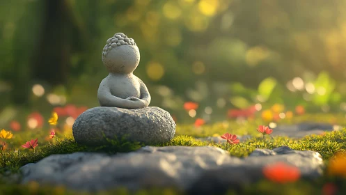 Stone Buddha statue meditates peacefully in a sunlit garden