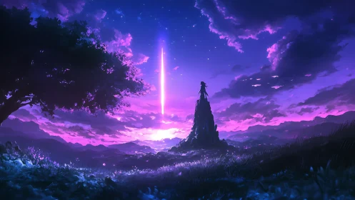 Solitary watcher greets a falling star over violet valleys