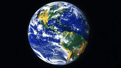 Earth from space showing Americas, oceans, swirling clouds.