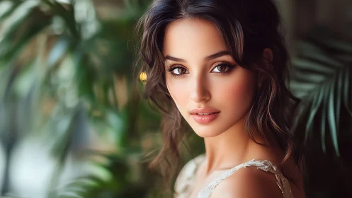 Soft sunlight portrait amid lush, dreamy green leaves.