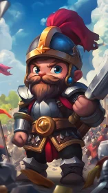 Cartoon dwarf warrior in armor standing in battle scene.