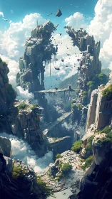 Floating rock gorge with fractured bridges suspended in sky