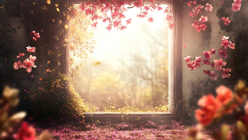 Soft morning light pours through a blossom framed window