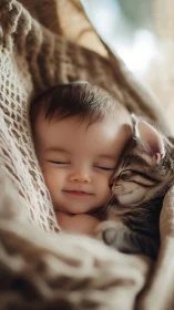 Sleeping Baby and Kitten Embrace in Soft Neutral Warmth