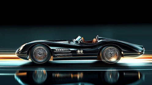 Streamlined retro roadster in luminous motion blur panorama.