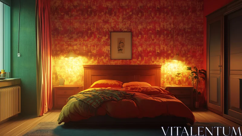 Warm bedroom interior with orange accent wall and bedside lighting