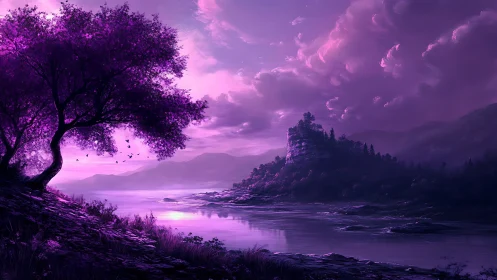 Violet twilight river valley under luminous storm clouds.