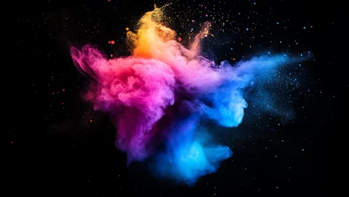 Multicolored powder cloud suspended against black background.