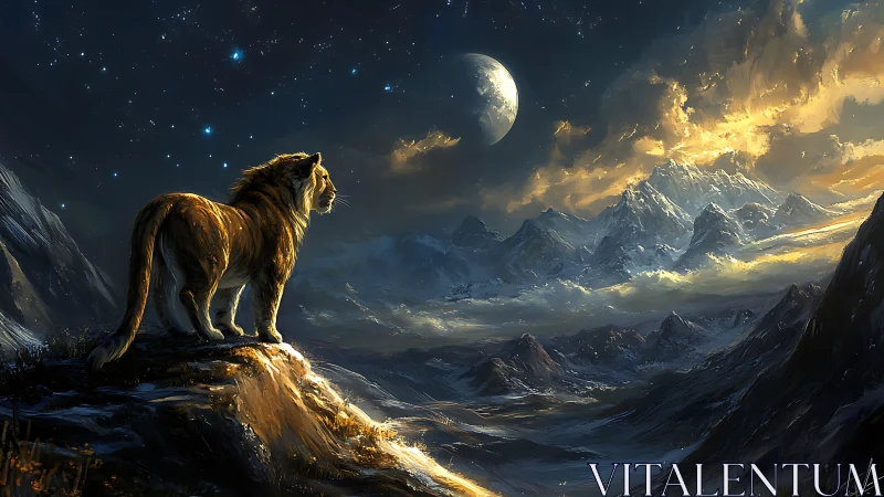 Lone lion gazes over moonlit mountains and starlit sky.
