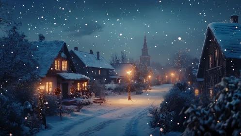 Snowy village street at night rendered in cinematic digital lighting