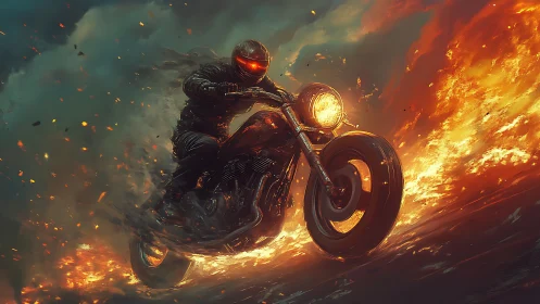 Inferno road rider carving fire through the stormlit night.