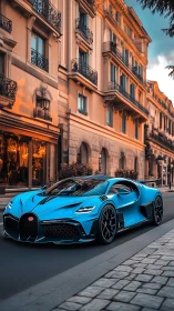 Azure hypercar prowls sunlit boulevard of grand facades.