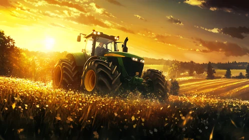 Green tractor crossing golden field at dramatic sunset light.