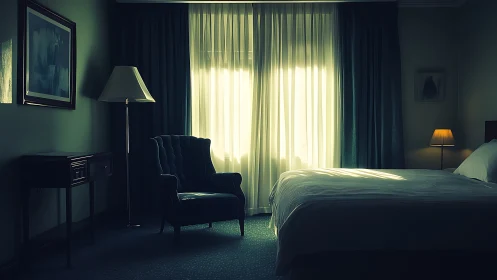 Moody hotel bedroom with armchair and soft window light.