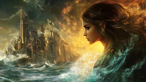 Stormlit sea sorceress confronts collapsing gothic ocean citadel