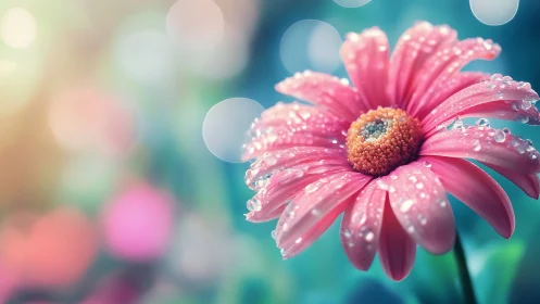 Pink daisy with water droplets and bokeh background.