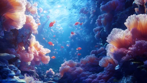 Coral reef canyon shows orange fish swimming through light