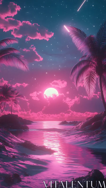 Neon moon pours candy light across this dreamwave shore
