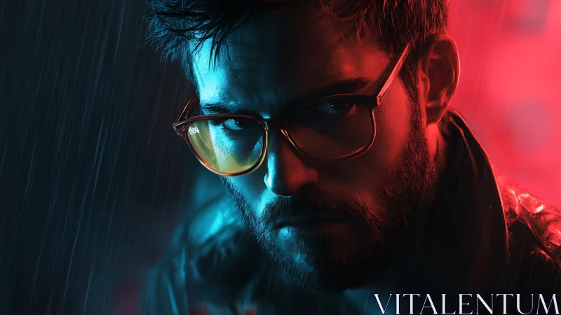 Bicolor rim lighting portrait under simulated neon rainfall.