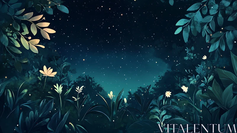 Midnight Garden: Where Flowers Glow Under Starlight.