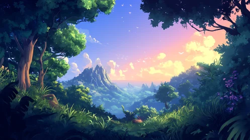 Mystical Forest Valley at Golden Sunrise.