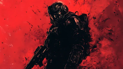 Armored sci fi soldier stands in red smoke filled battlefield