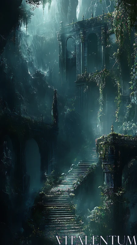 Ruined stone stairway ascends through overgrown cavern ruins