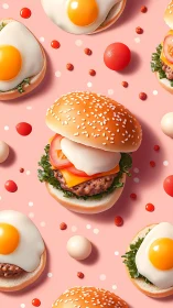 3D fried egg burgers with sesame buns on pastel pink backdrop