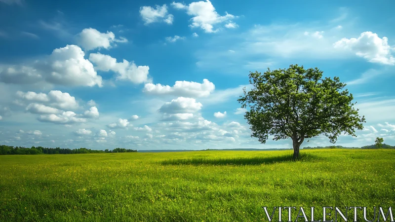 Solitary deciduous tree in expansive green meadow under clouds.
