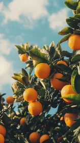 High-key citrus canopy with ripe oranges against soft sky