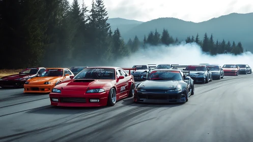 Modified drift cars line up on wide forest road in formation