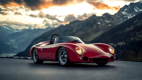 Vintage red sports car glows against dramatic alpine sunset