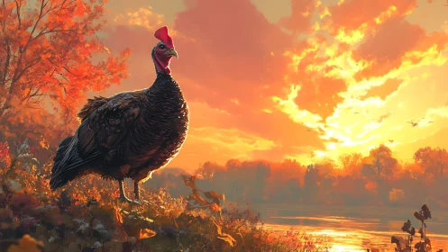 Obsidian bird silhouetted against golden sunset landscape