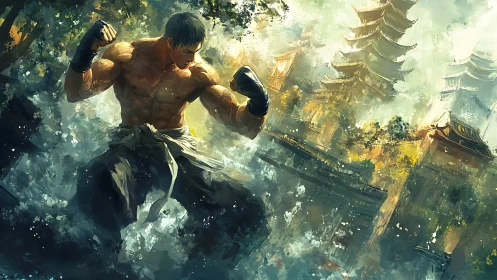 Bare-chested temple brawler stirring mist and sunlight.