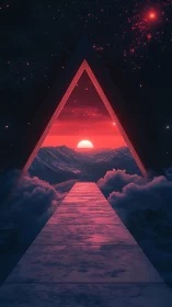 Dreamy cosmic gateway opening onto a glowing crimson sunset.