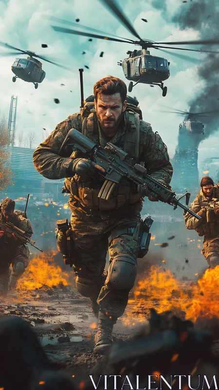 Armed soldiers advance through burning battlefield terrain