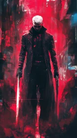 White haired cyber assassin with dual katanas in red vortex