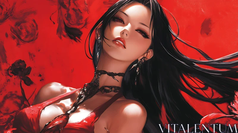 Crimson siren reclines beneath a storm of painted roses.