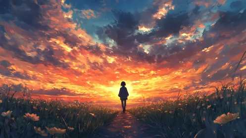 Solitary figure walks toward radiant painterly sunset horizon.