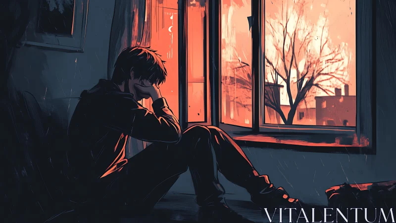 Rain-soaked reverie by a burning sunset window of solitude.