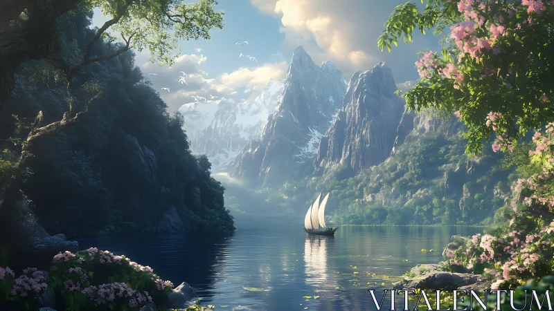 Sailboat traverses calm lake within steep alpine valley