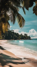 Tropical beach paradise framed by palm fronds.