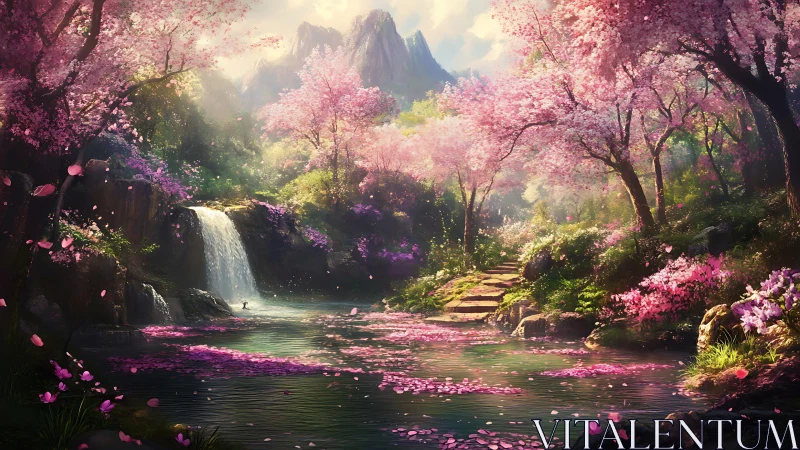 Digital fantasy valley with cherry blossoms and waterfall.