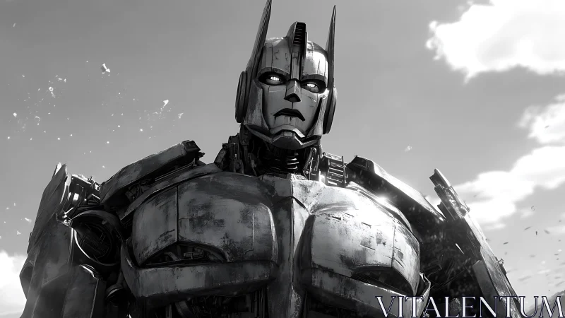 Battle-worn humanoid robot in stark monochrome sky scene.