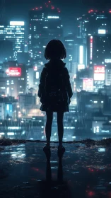 Lone girl gazes over neon city in quiet midnight rain