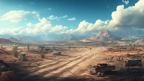 Digital desert panorama with ruined road and distant mesas.