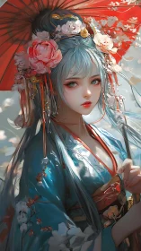 Blossom-clad geisha beneath a crimson parasol of light.